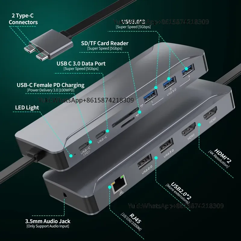 Usb Hub Type C - ฮับด็อกกิ้งสถานี 5 พอร์ต USB พร้อมจอแสดงผลคู่ รองรับ