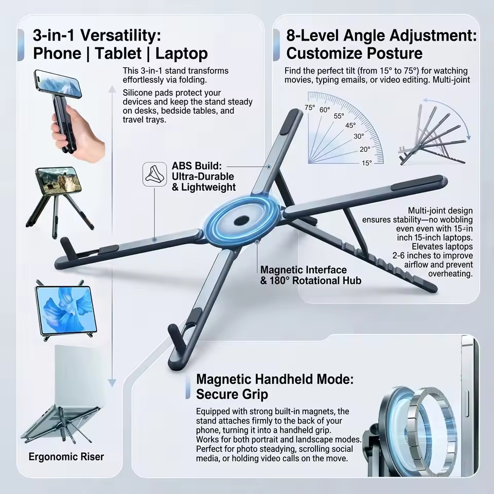 Tablet Lap Desk - ที่วางโทรศัพท์แม่เหล็กแบบพกพาและไม้เซลฟี่ 3-in-1 ขาตั้งกล้องแบบพับได้สำหรับ iPhone iPad แท็บเล็ต